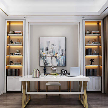 55" Rectangular White Computer Desk with Drawer and Shelf Gold Leg-Desks,Furniture,Office Furniture